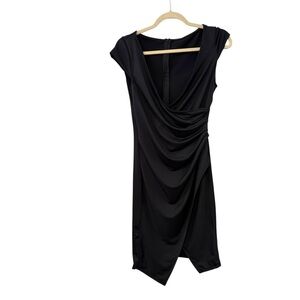 Women’s Medium Black Faux Wrap Draped Dress Cap Sleeve Bodycon Cocktail Dress